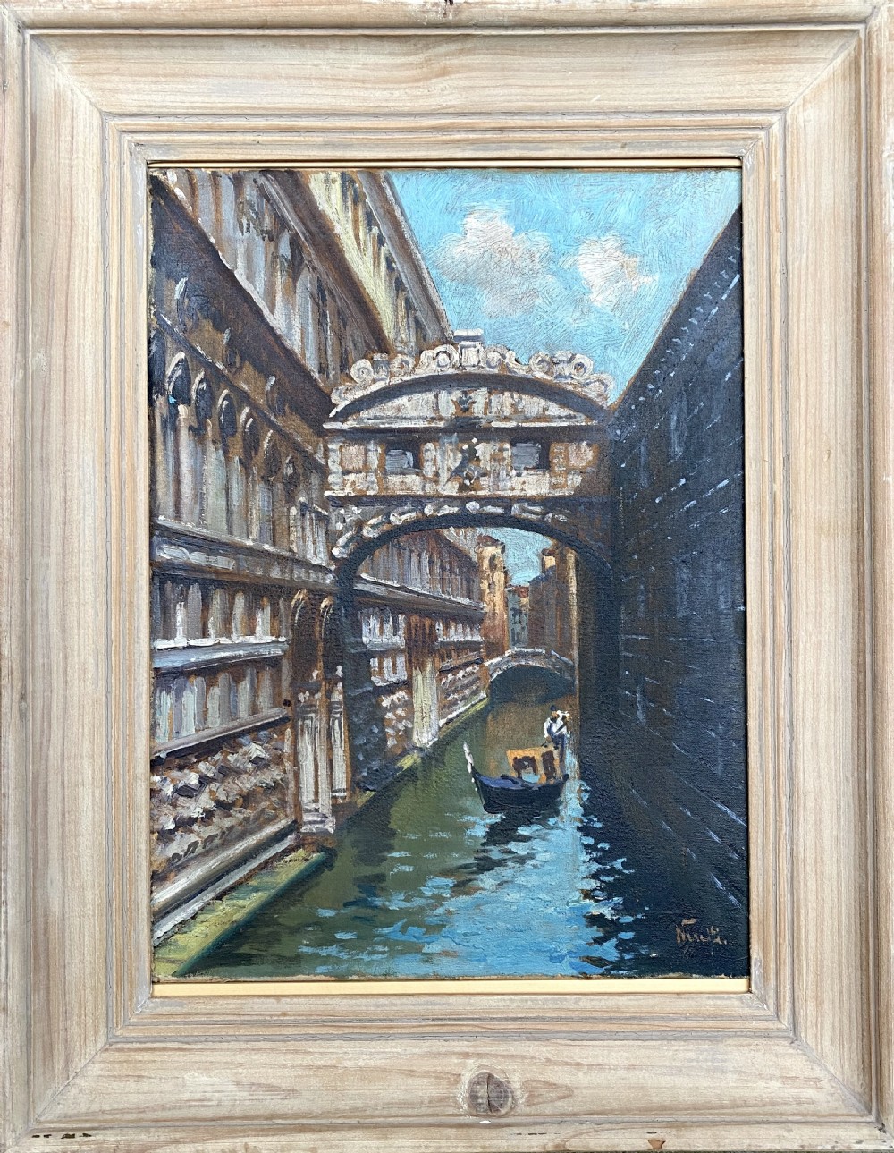 An oil painting depicting a gondola navigating a narrow Venetian canal beneath the carved stone Bridge of Sighs. View VI