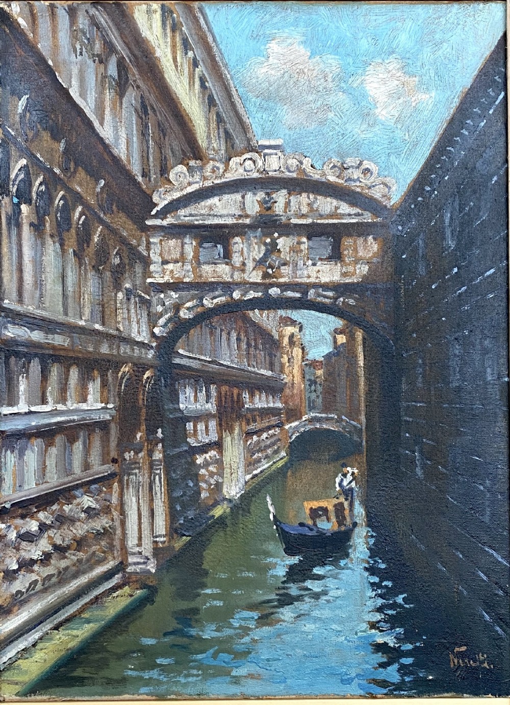 An oil painting depicting a gondola navigating a narrow Venetian canal beneath the carved stone Bridge of Sighs.