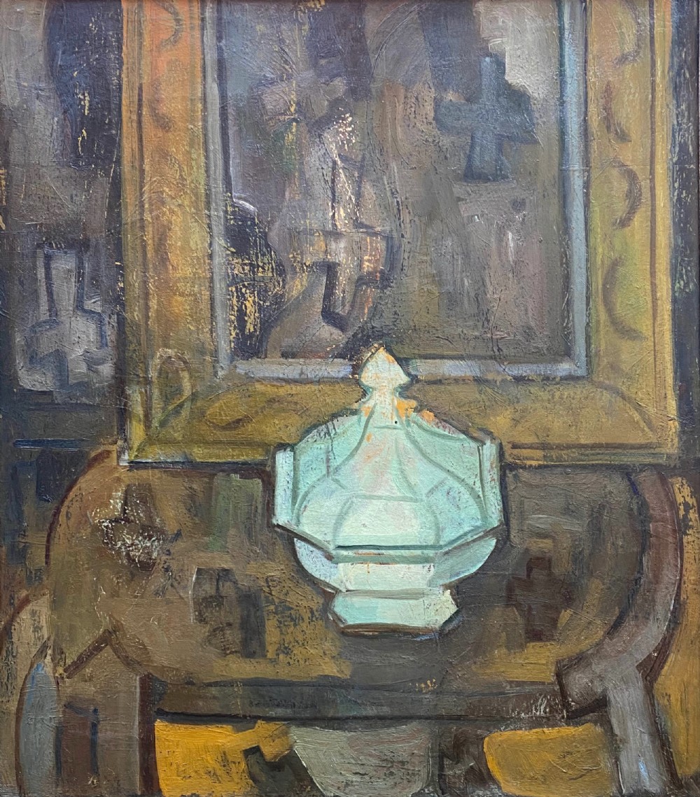 An abstracted 1940s oil painting on canvas depicting a pale green soup tureen resting on a brown table set against a geometric background.