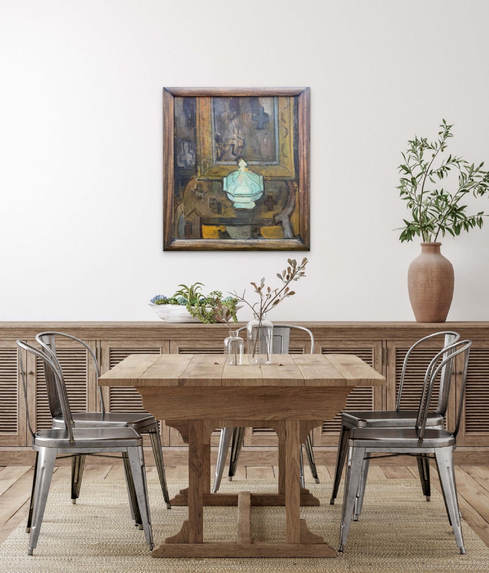 An abstracted 1940s oil painting on canvas depicting a pale green soup tureen resting on a brown table set against a geometric background. View VI