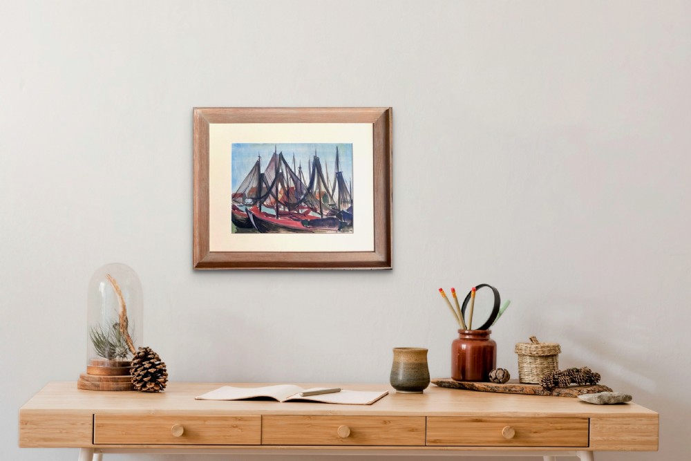 Sail boats, 1956 modernist marine painting colourful sails by woman artist watercolour on paper View III