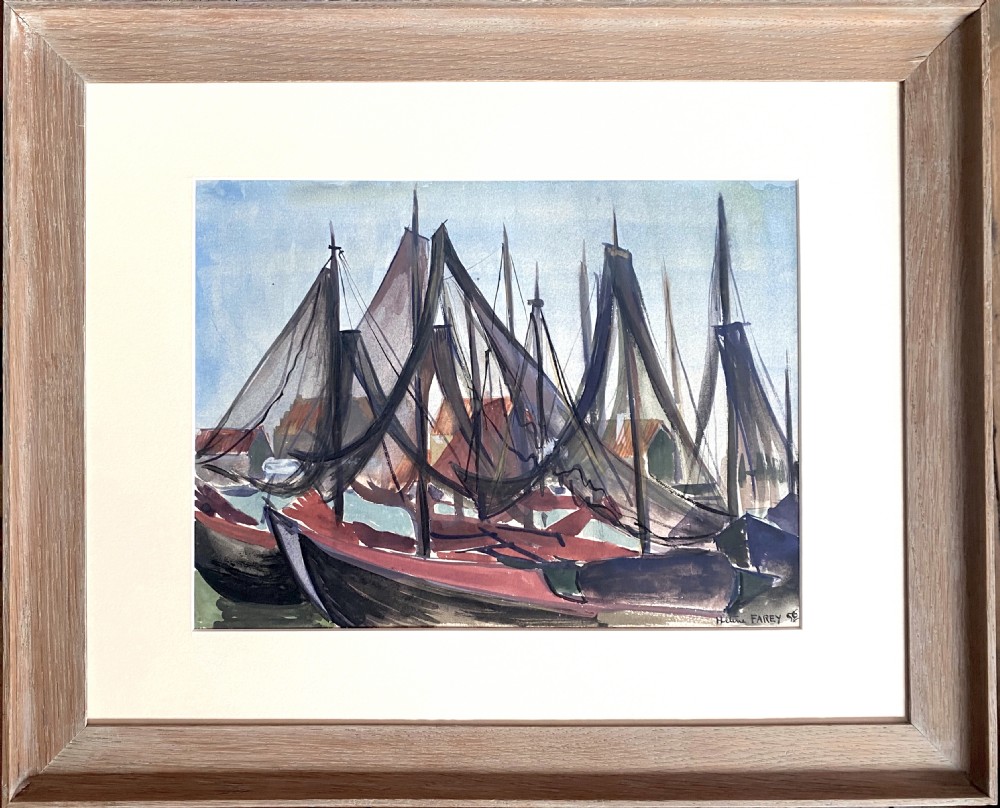 Sail boats, 1956 modernist marine painting colourful sails by woman artist watercolour on paper View IV