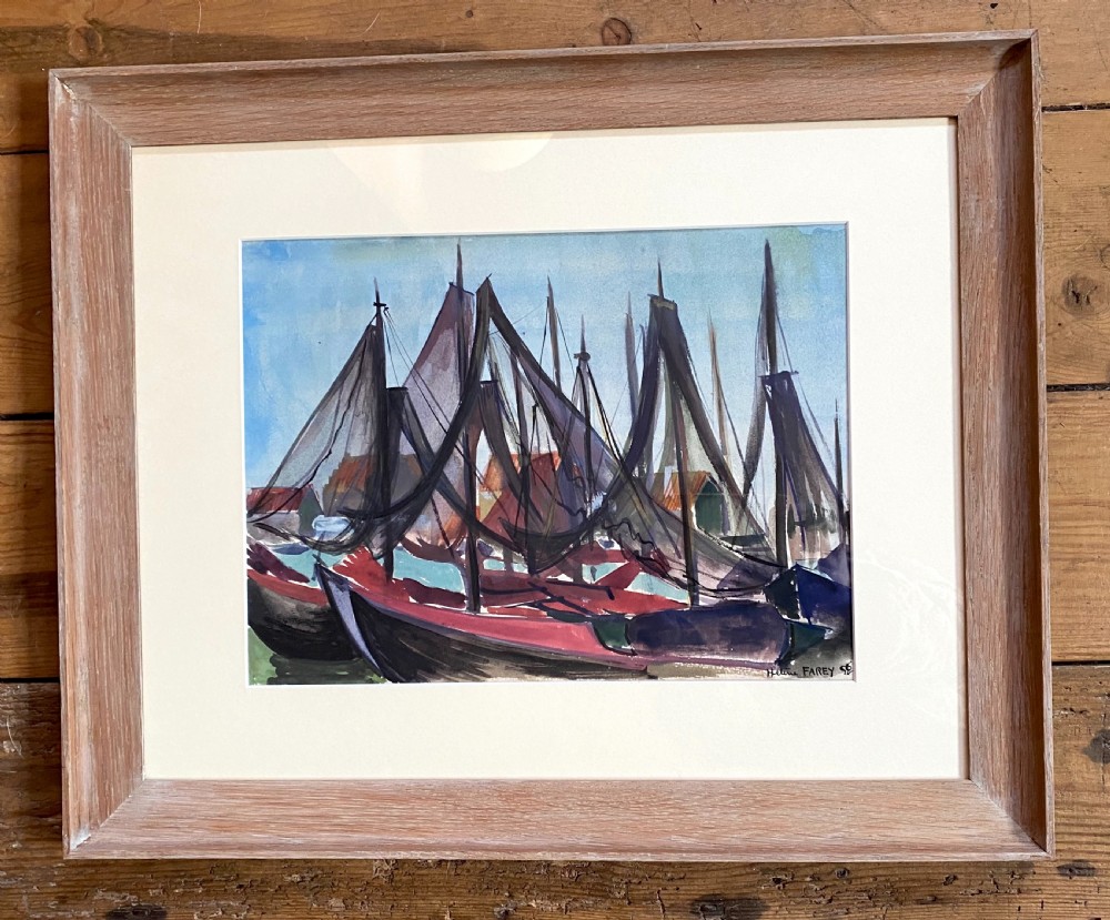 Sail boats, 1956 modernist marine painting colourful sails by woman artist watercolour on paper View V