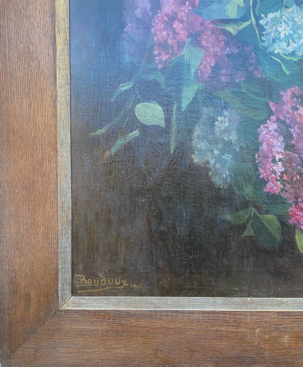 An oil on canvas painting dated 1901 depicting a bouquet of purple and white lilac flowers hanging against a dark oak wooden door. View VII