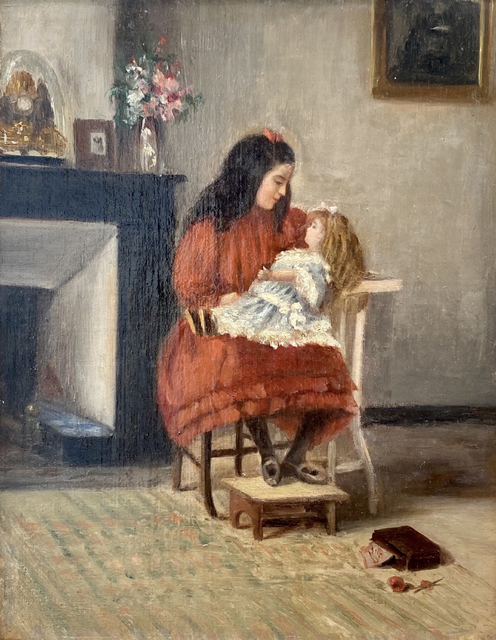 The little Girl and her doll, ca 1890, interior scene French oil on board painting