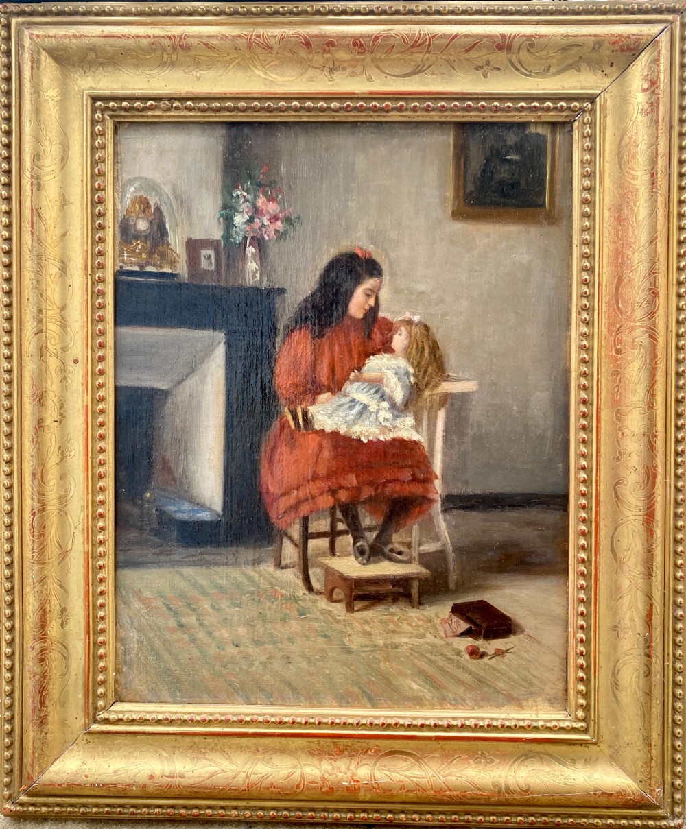 The little Girl and her doll, ca 1890, interior scene French oil on board painting View II