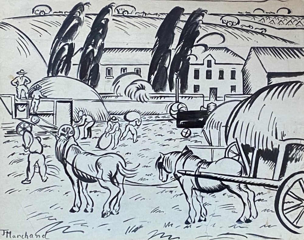Haymaking, ca 1910: avant garde Bloomsbury group artist Jean Hippolyte Marchand dynamic line drawing No.1: bundling hay.