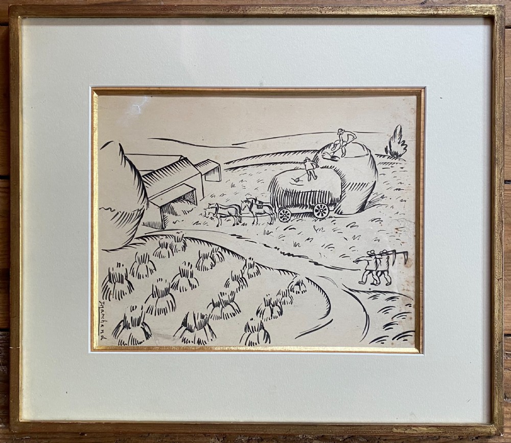 Haymaking, ca 1910: avant garde Bloomsbury group artist Jean Hippolyte Marchand dynamic line drawing No.2: constructing haystacks. View II