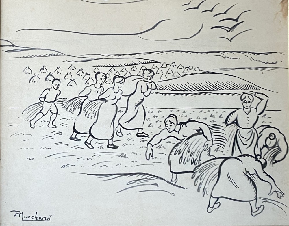 Haymaking, ca 1910: avant garde Bloomsbury group artist Jean Hippolyte Marchand dynamic line drawing No.3: the gleaners.