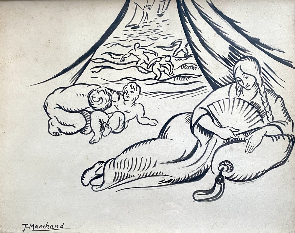 Sunbathing, ca 1910: avant garde Bloomsbury group artist Jean Hippolyte Marchand dynamic line drawing No.4: a day off by the sea.