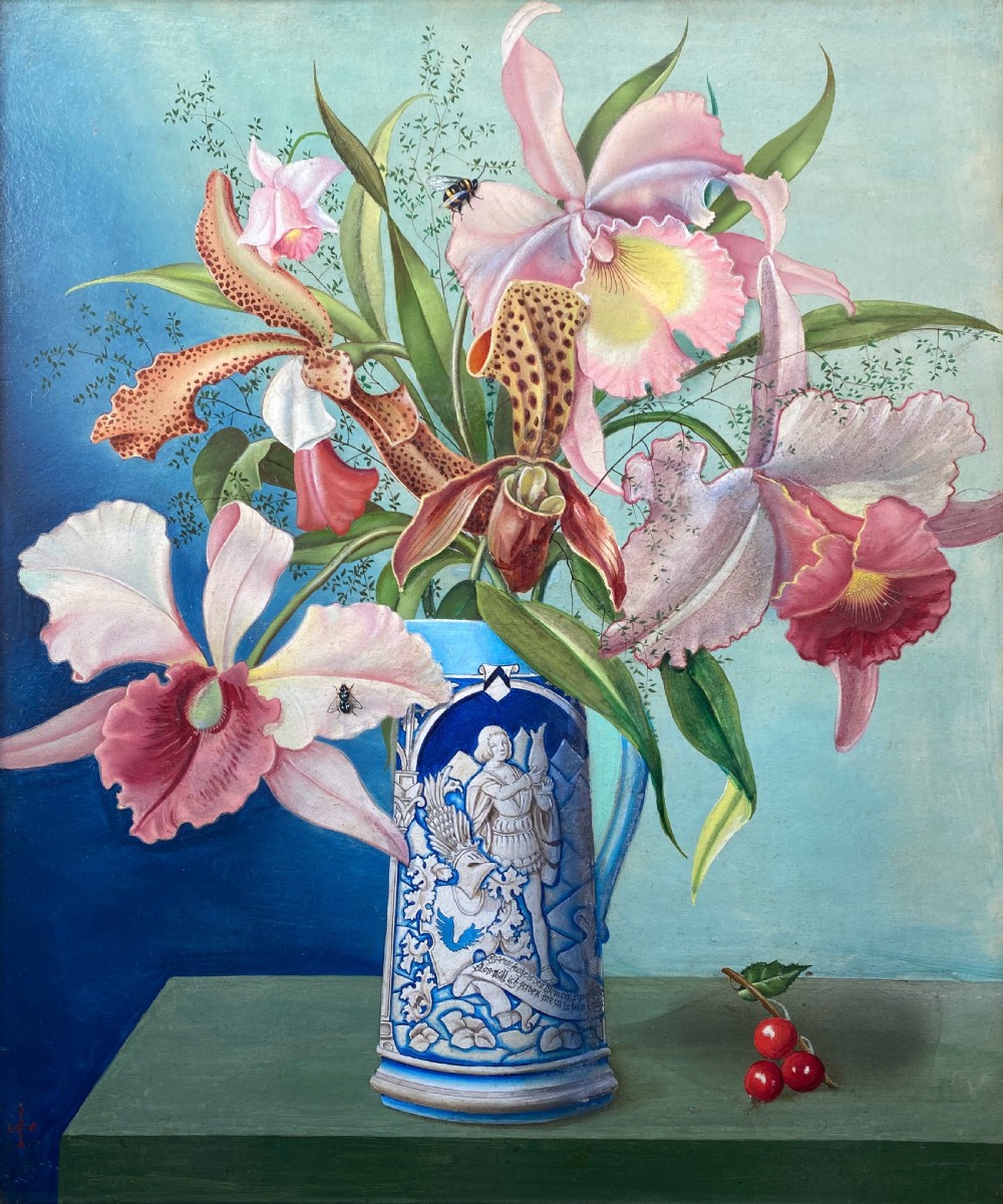 The orchids and the bee: hyperrealist flowers  surrealist floral still life, ca 1950 oil on panel 