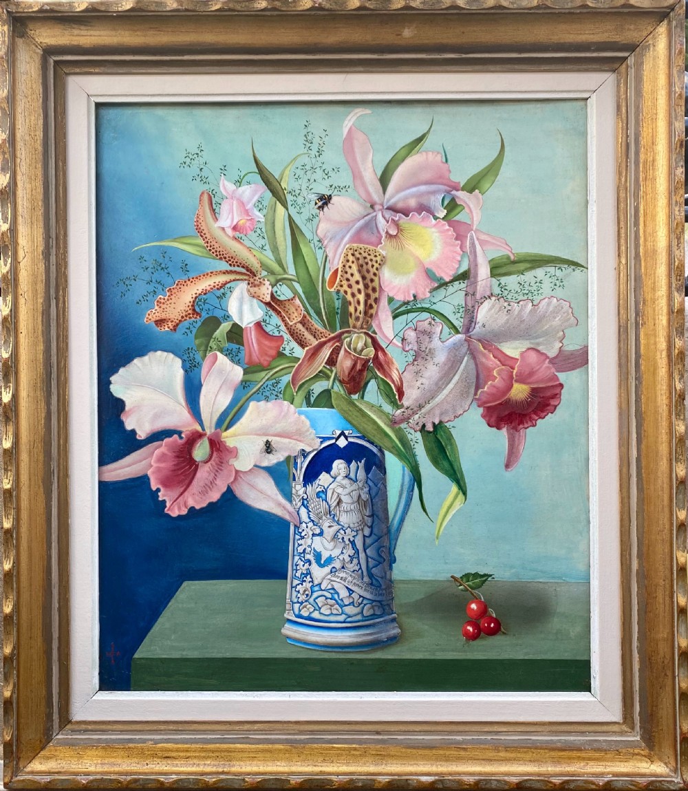 The orchids and the bee: hyperrealist flowers  surrealist floral still life, ca 1950 oil on panel  View II