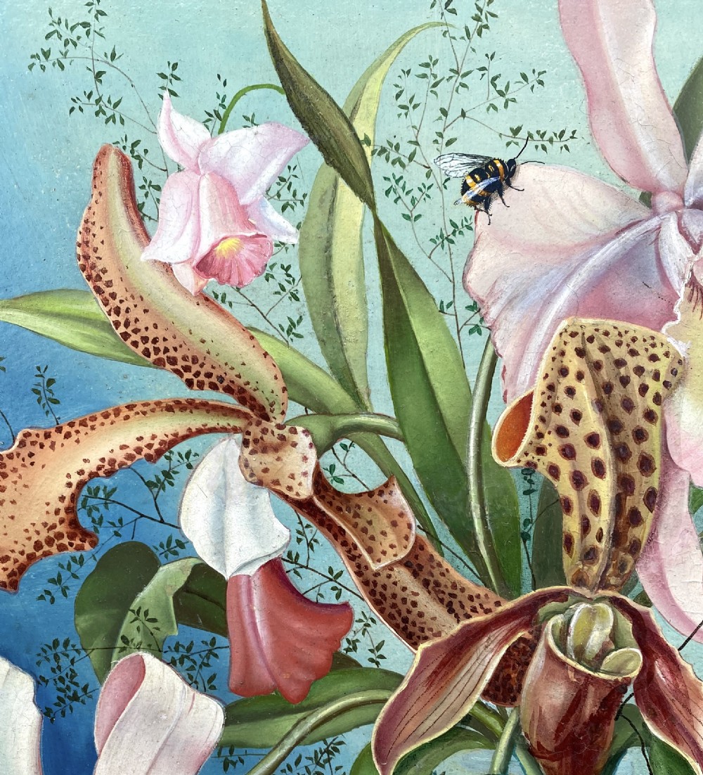 The orchids and the bee: hyperrealist flowers  surrealist floral still life, ca 1950 oil on panel  View III