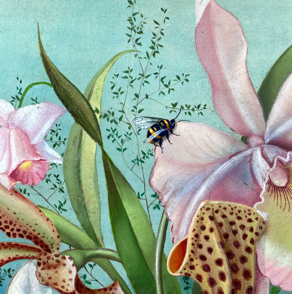 The orchids and the bee: hyperrealist flowers  surrealist floral still life, ca 1950 oil on panel  View IV