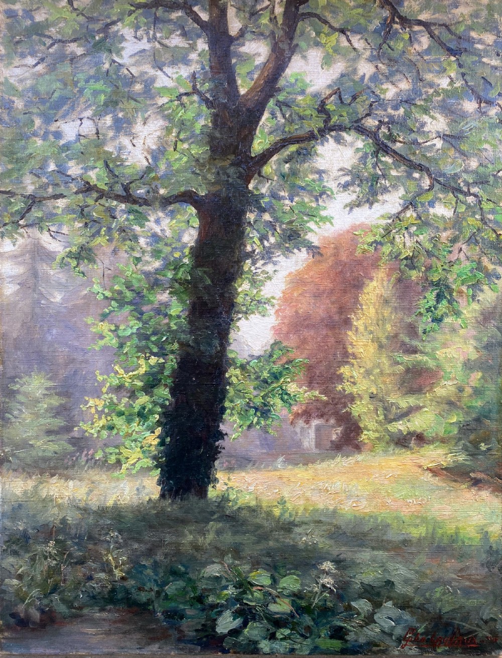 An impressionist oil painting on canvas depicting a large green tree in a sunlit woodland clearing.