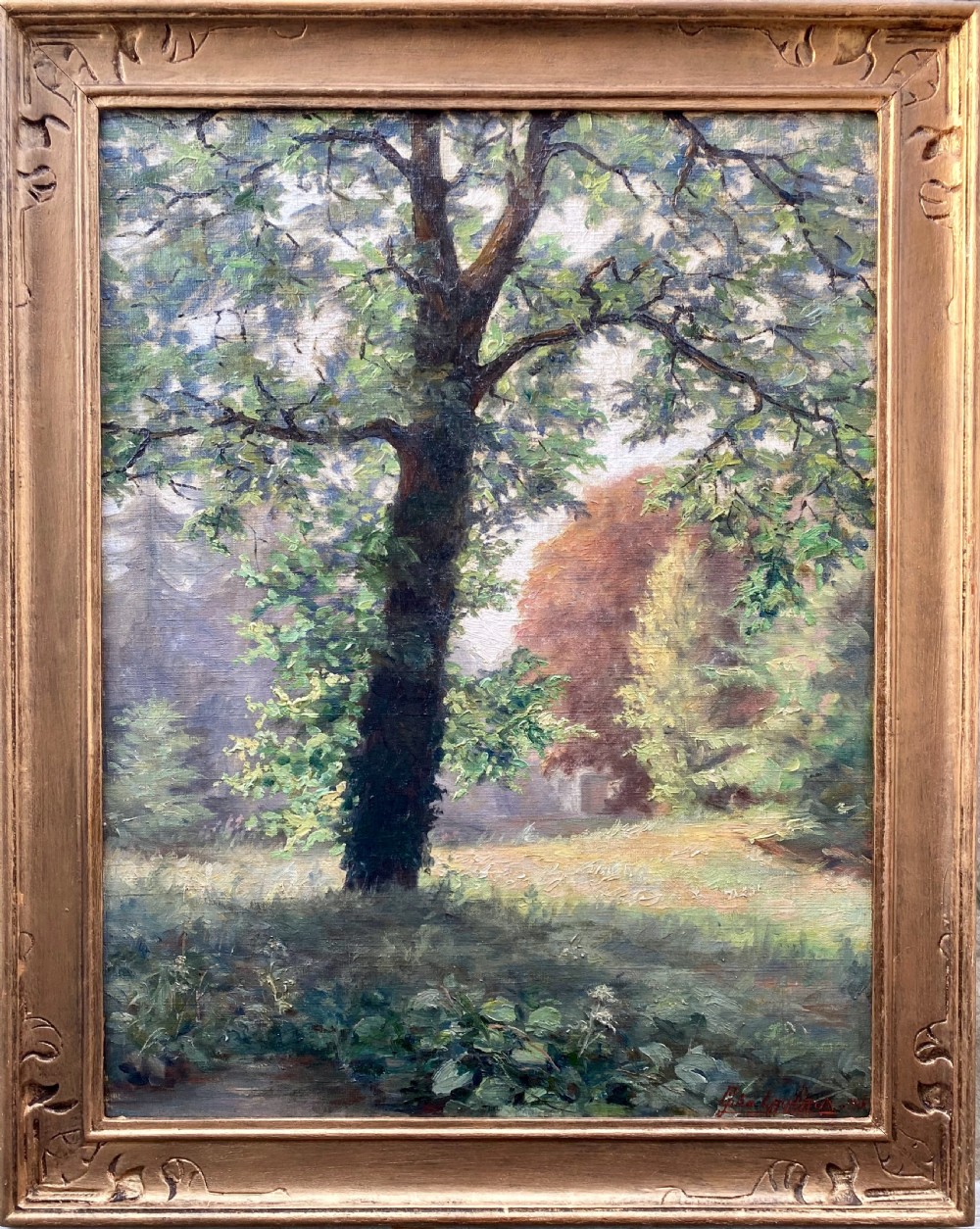 An impressionist oil painting on canvas depicting a large green tree in a sunlit woodland clearing. View II