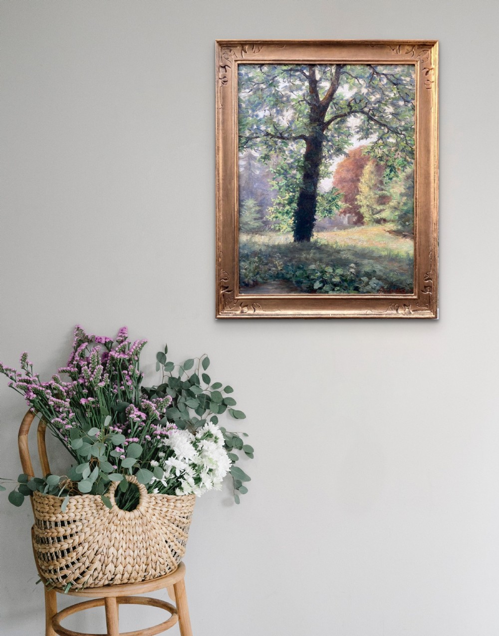An impressionist oil painting on canvas depicting a large green tree in a sunlit woodland clearing. View IV