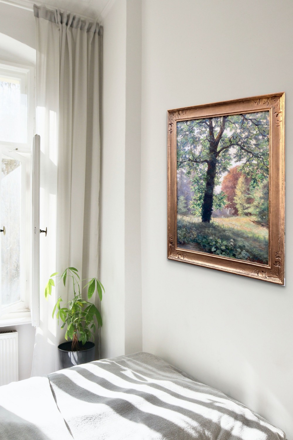 An impressionist oil painting on canvas depicting a large green tree in a sunlit woodland clearing. View V