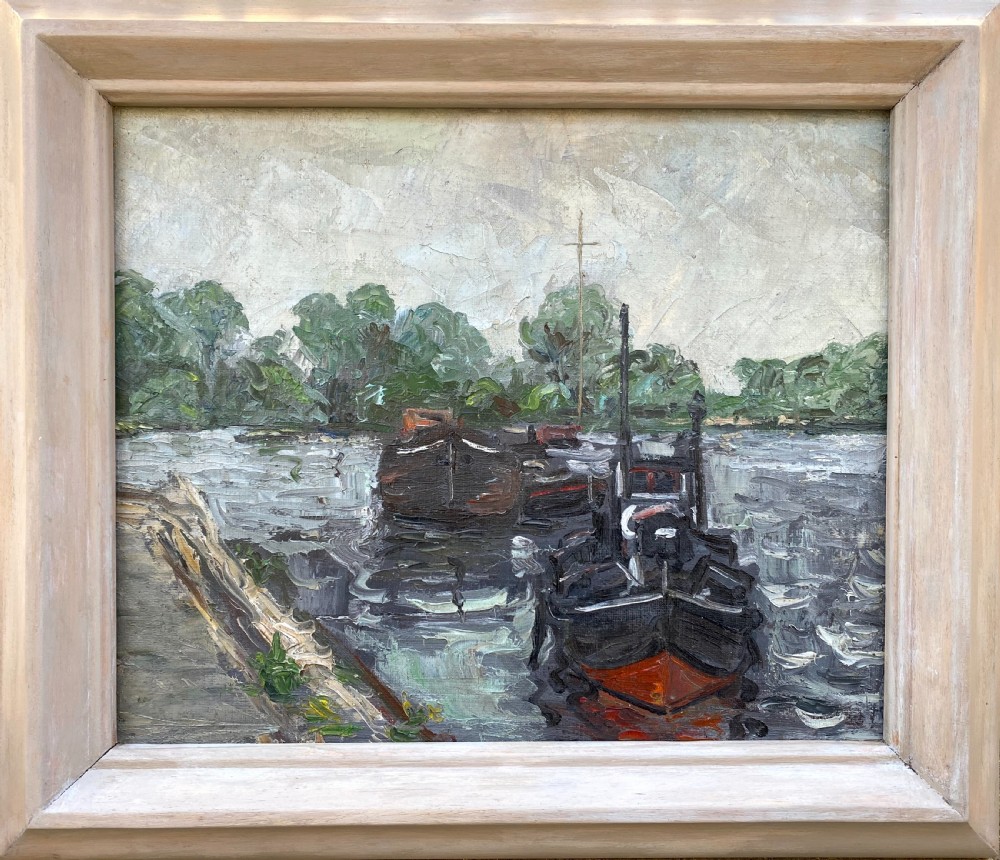 An oil on canvas painting featuring dark wooden barges docked along a riverbank with trees in the background. View V