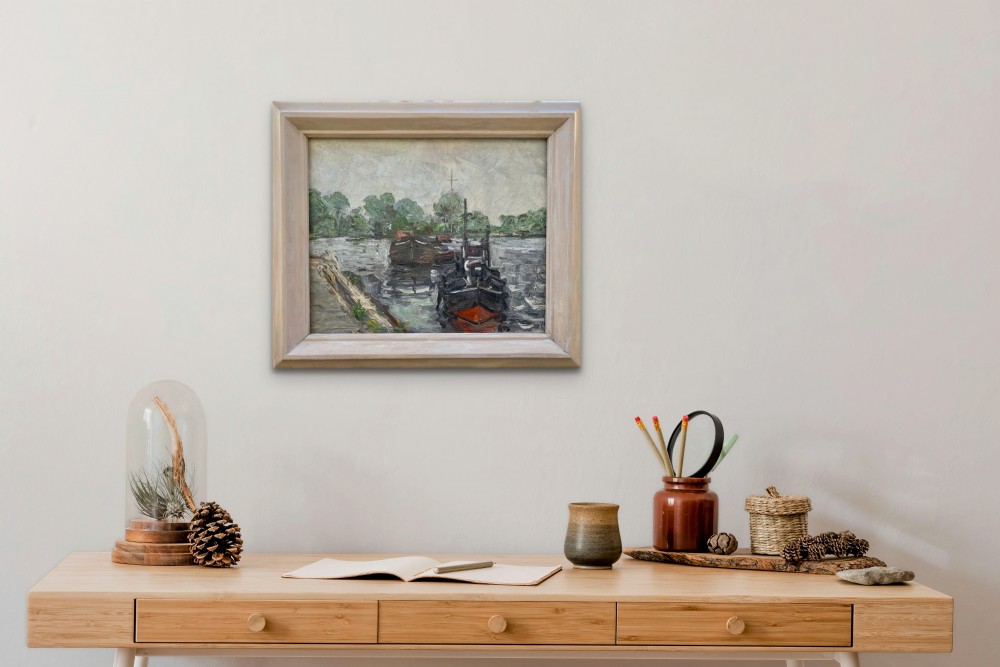 An oil on canvas painting featuring dark wooden barges docked along a riverbank with trees in the background. View VI
