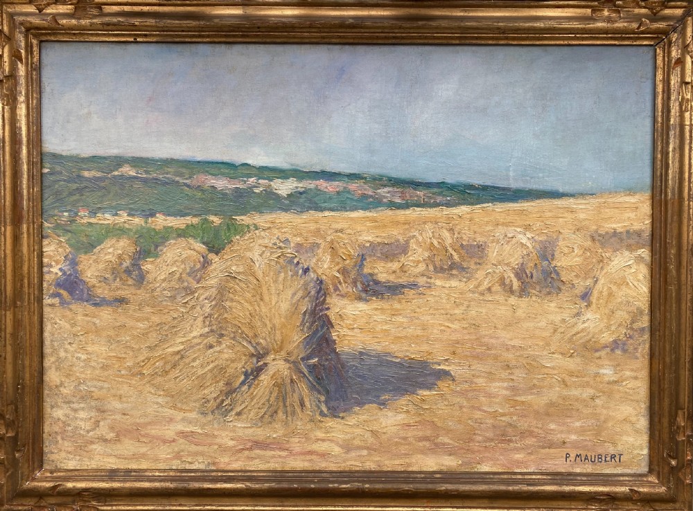 Haystacks in Monet country, ca 1920 wheatfields bathed in summer sun Impressionist oil on canvas View II