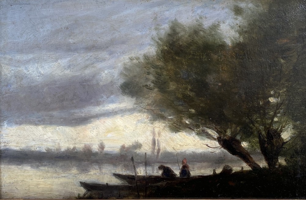 Circle of Camille Corot: Fishermen in the Moonlight, ca 1860 unsigned Barbizon moonlit landscape, oil on panel