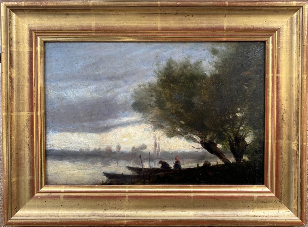 Circle of Camille Corot: Fishermen in the Moonlight, ca 1860 unsigned Barbizon moonlit landscape, oil on panel View II