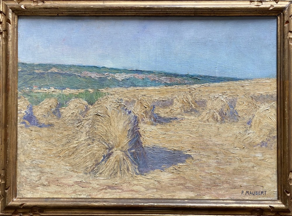 Haystacks in Monet country, ca 1920 wheatfields bathed in summer sun Impressionist oil on canvas View VI