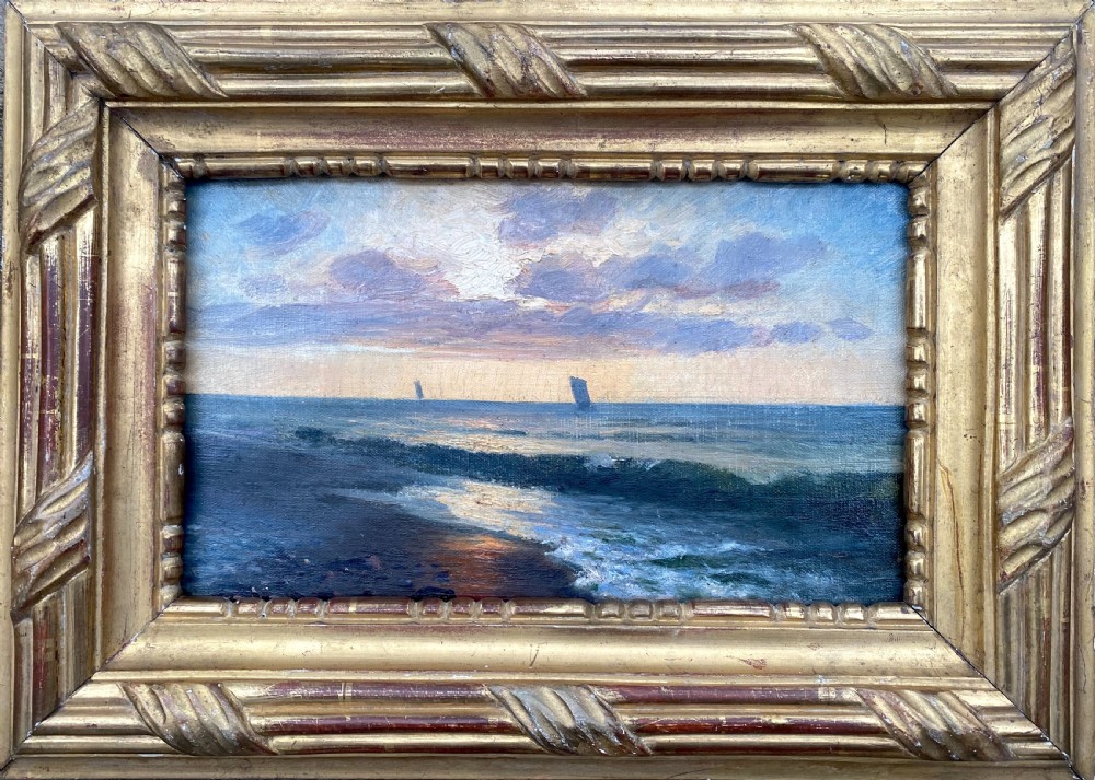 Sunset on the beach, cloud study 19th Century impressionist marine seascape with boats plein air oil on canvas View II