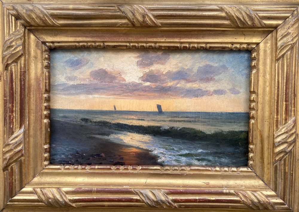 Sunset on the beach, cloud study 19th Century impressionist marine seascape with boats plein air oil on canvas View III