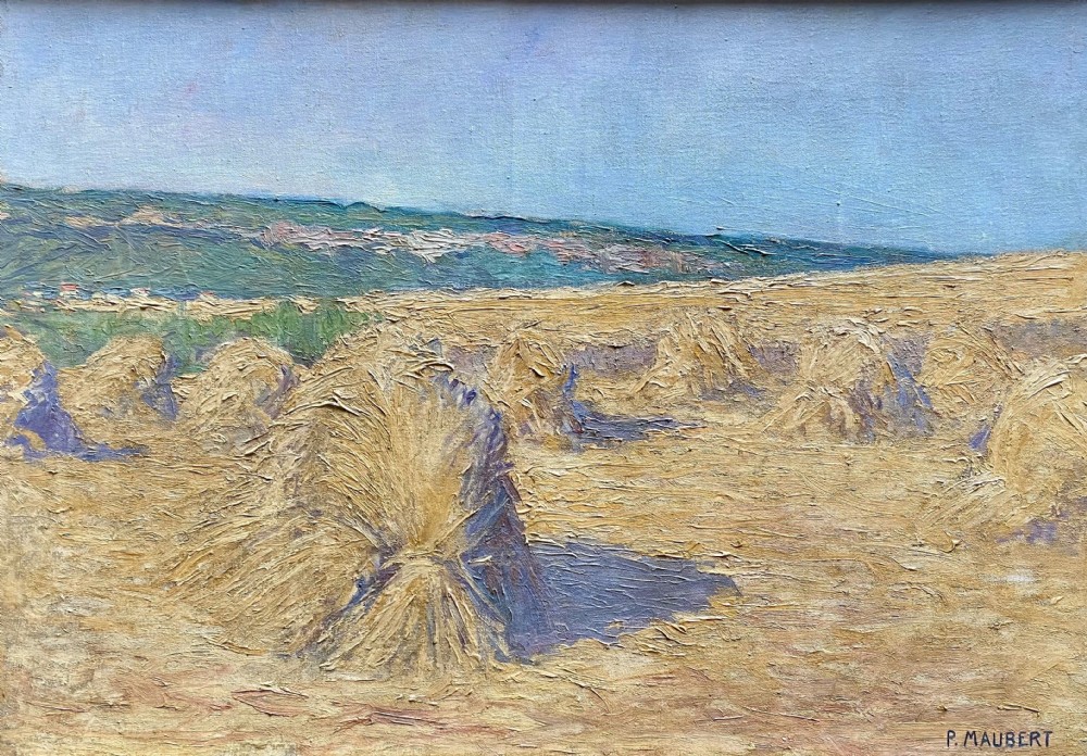 Haystacks in Monet country, ca 1920 wheatfields bathed in summer sun Impressionist oil on canvas