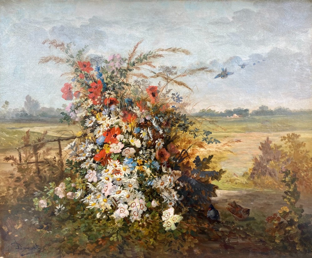 Country flowers, ca 1870; pastoral still live in a landscape with birds oil on canvas