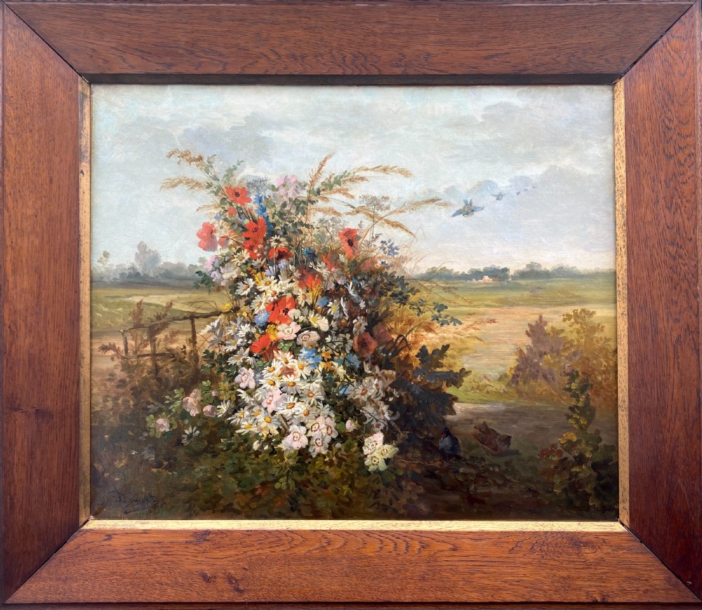 Country flowers, ca 1870; pastoral still live in a landscape with birds oil on canvas View II