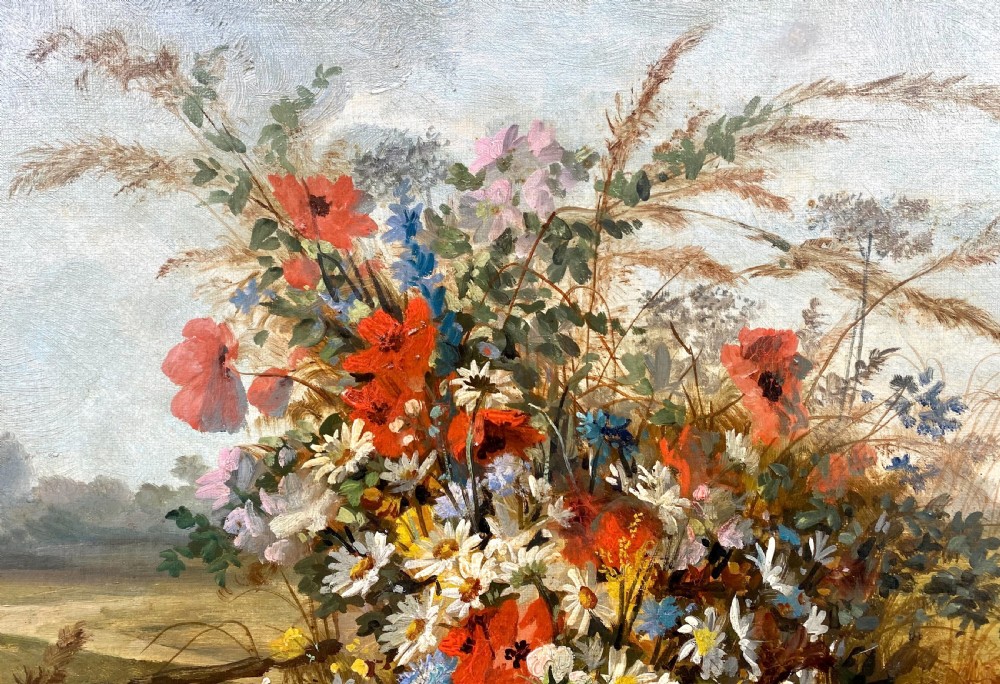 Country flowers, ca 1870; pastoral still live in a landscape with birds oil on canvas View IV