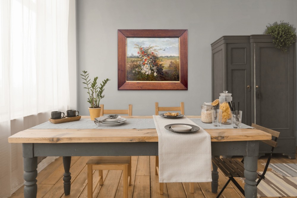 Country flowers, ca 1870; pastoral still live in a landscape with birds oil on canvas View VI