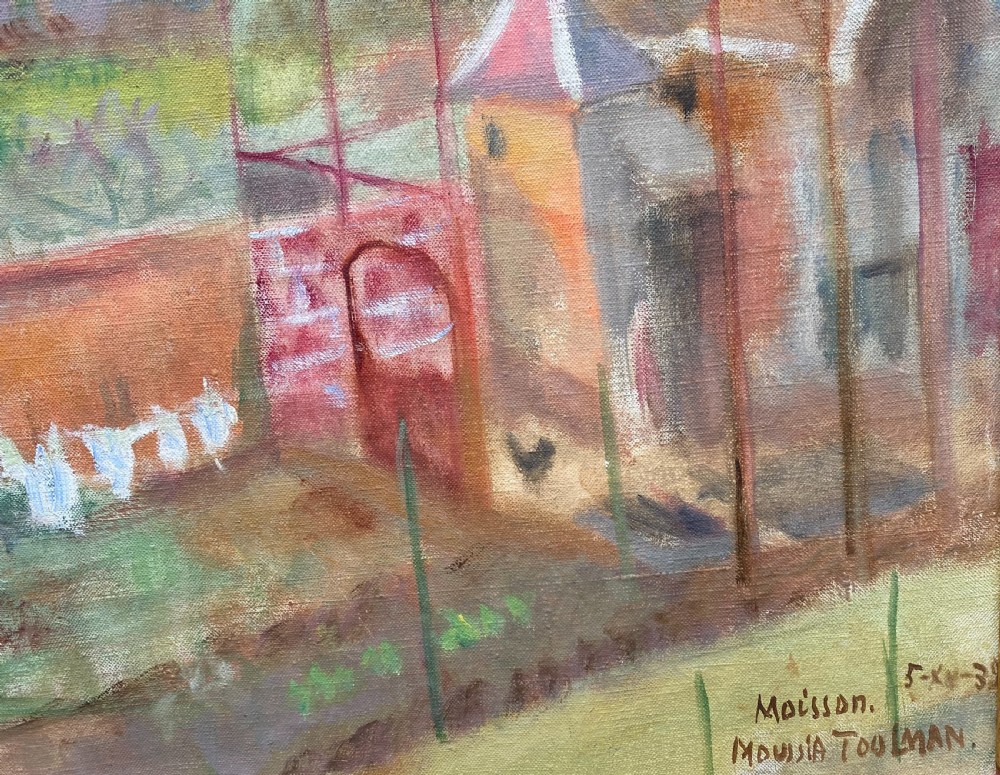 A 1939 landscape oil painting on canvas depicting a rural garden scene with a chicken coop, hanging washing, and rolling green hills in the background. View II