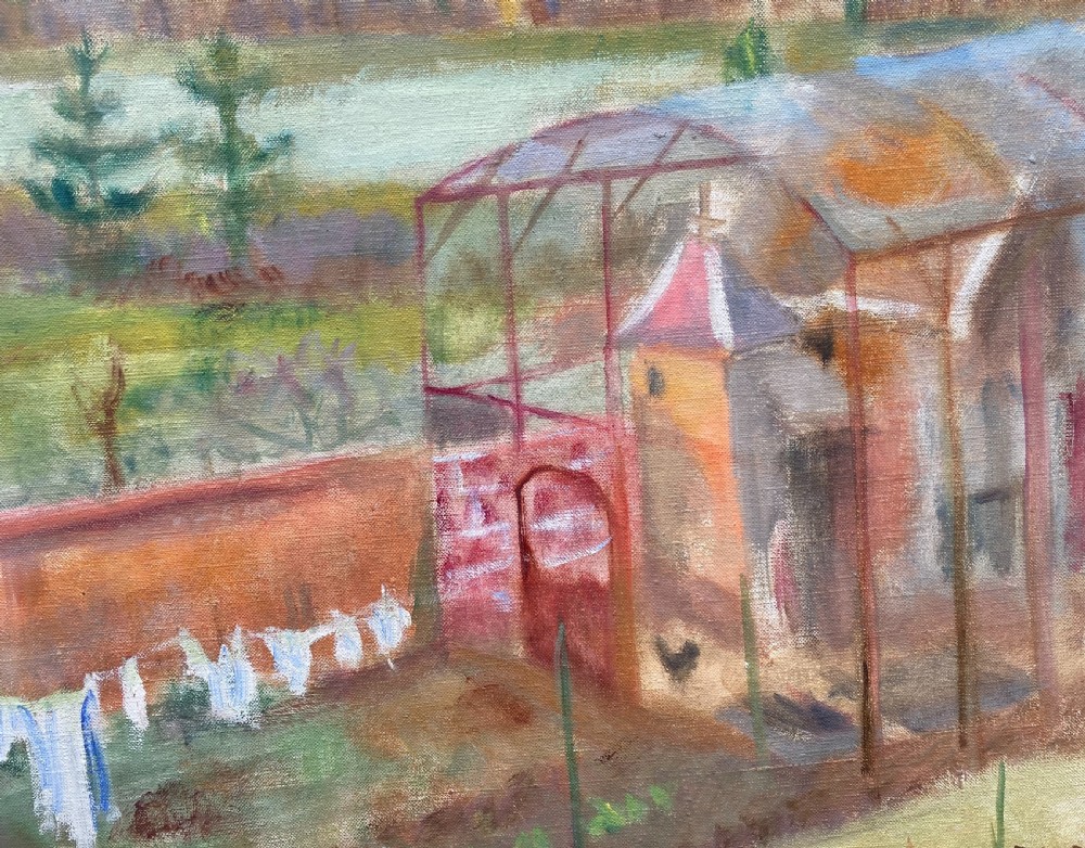 A 1939 landscape oil painting on canvas depicting a rural garden scene with a chicken coop, hanging washing, and rolling green hills in the background. View IV
