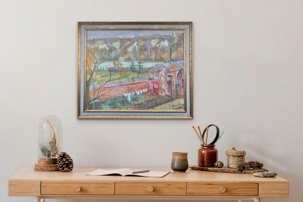 A 1939 landscape oil painting on canvas depicting a rural garden scene with a chicken coop, hanging washing, and rolling green hills in the background. View VIII