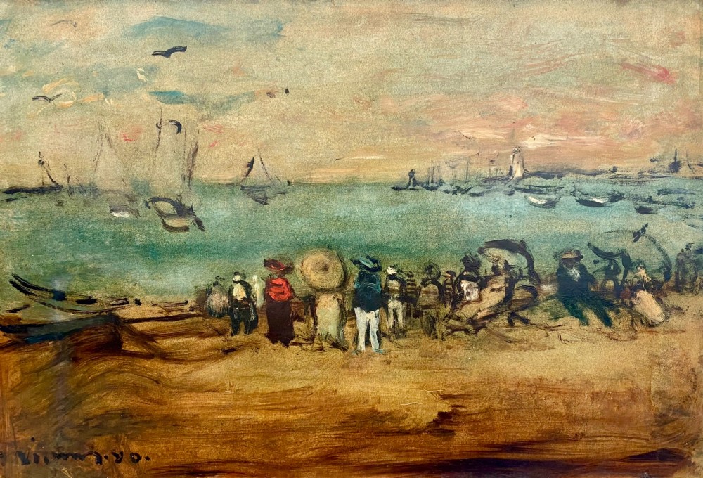 A party on the beach,1940 Austrian French coastal scene oil on board