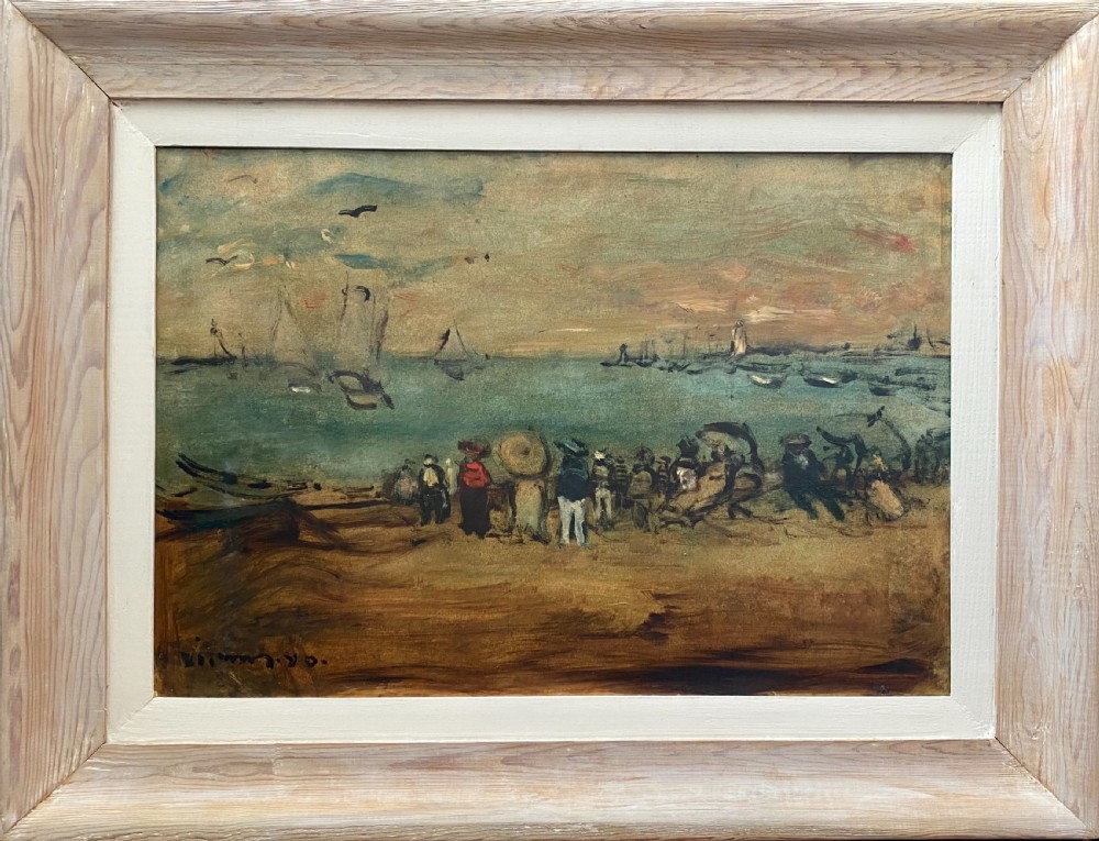 A party on the beach,1940 Austrian French coastal scene oil on board View II
