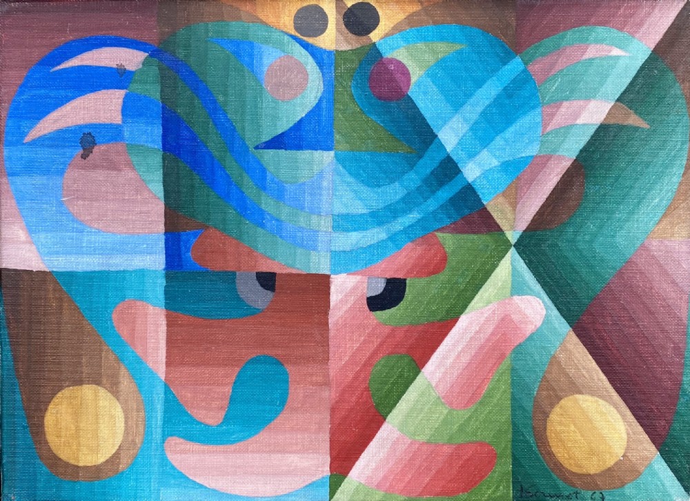 Vibrant jazzy 1967 op art abstract painting - a hymn to life, French St Germain artist Gonnet oil on canvas