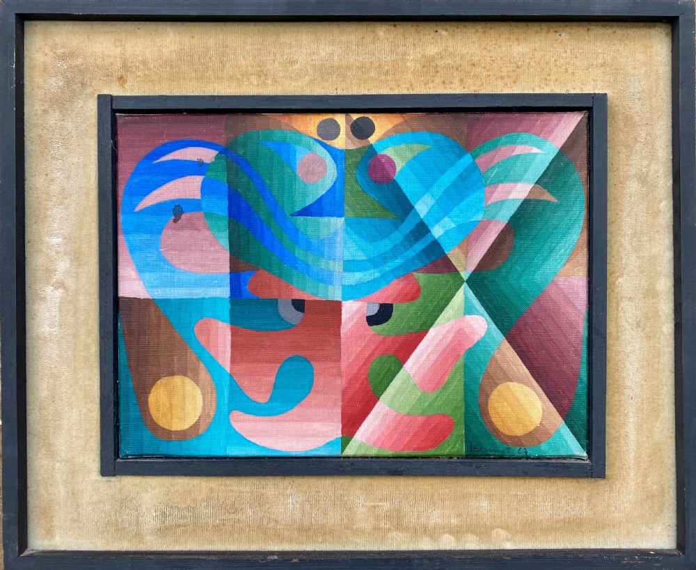 Vibrant jazzy 1967 op art abstract painting - a hymn to life, French St Germain artist Gonnet oil on canvas View II
