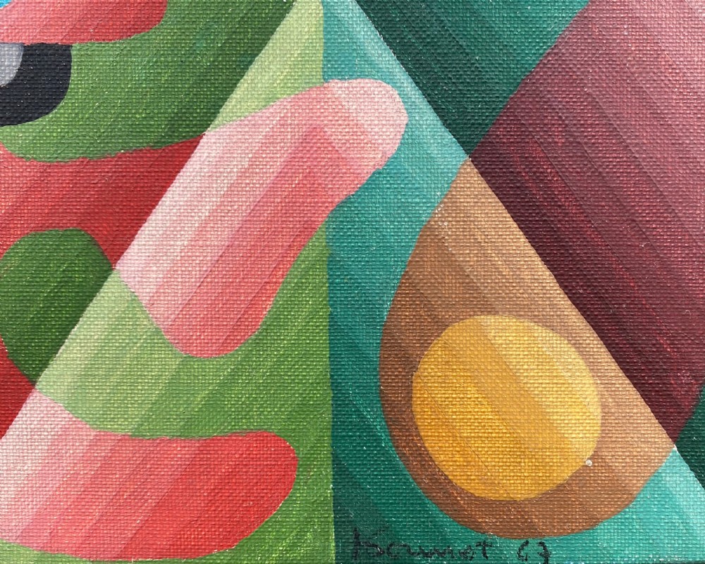 Vibrant jazzy 1967 op art abstract painting - a hymn to life, French St Germain artist Gonnet oil on canvas View IV