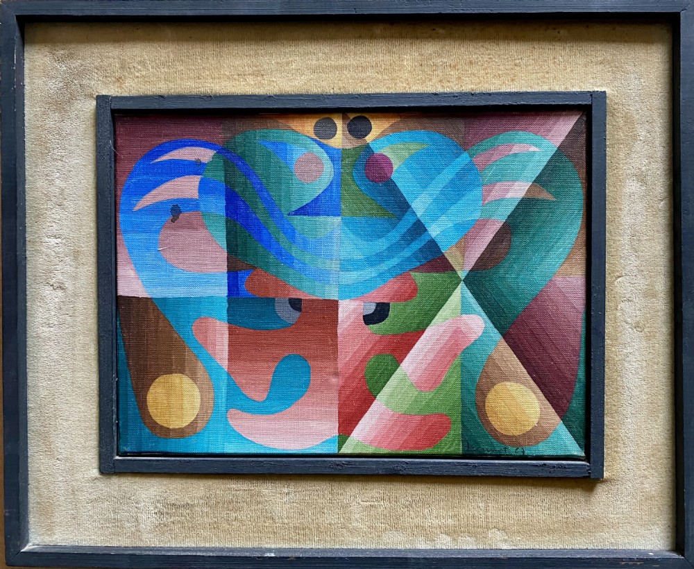 Vibrant jazzy 1967 op art abstract painting - a hymn to life, French St Germain artist Gonnet oil on canvas View IX