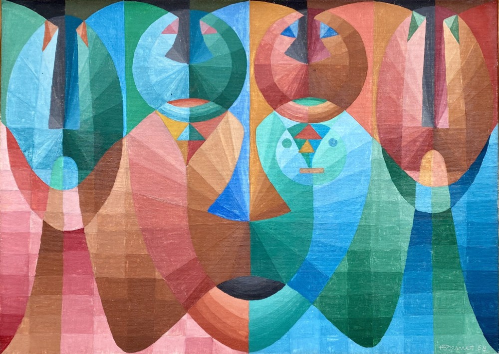 A 1968 abstract oil painting on canvas featuring geometric shapes, grid patterns, and stylised human forms in shades of blue, green, pink, and terracotta.