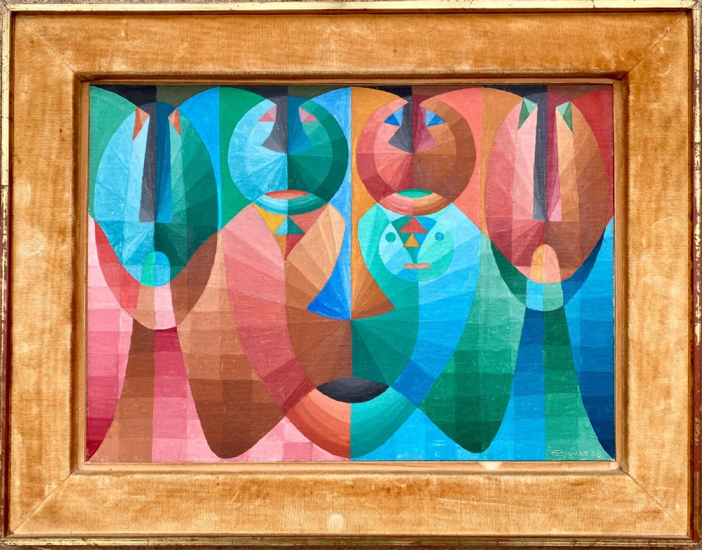A 1968 abstract oil painting on canvas featuring geometric shapes, grid patterns, and stylised human forms in shades of blue, green, pink, and terracotta. View II