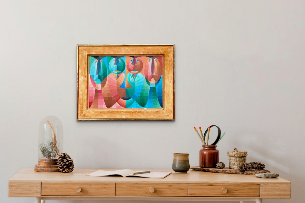 A 1968 abstract oil painting on canvas featuring geometric shapes, grid patterns, and stylised human forms in shades of blue, green, pink, and terracotta. View III
