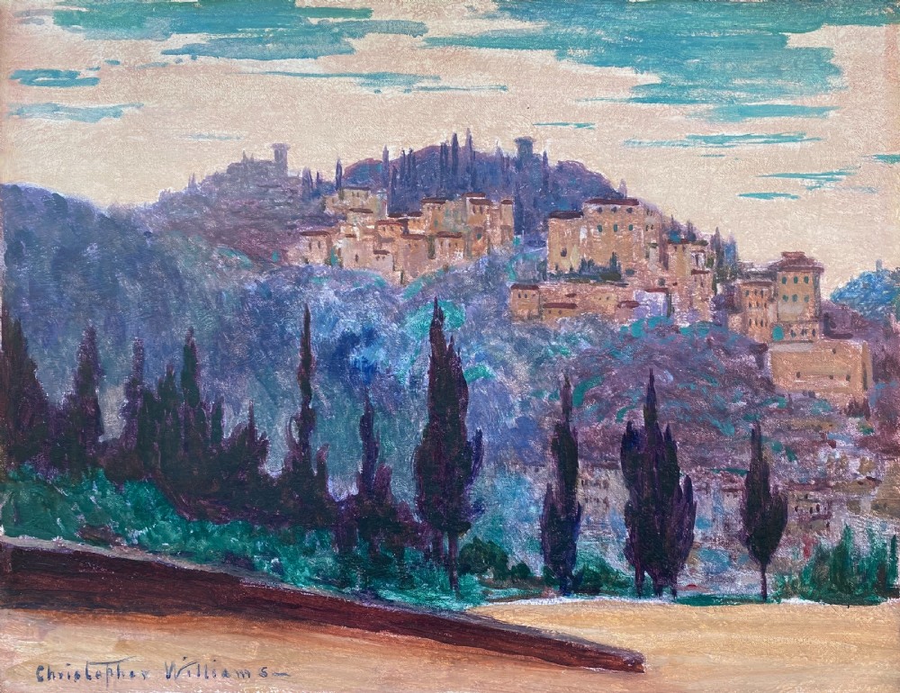 An early twentieth-century oil painting on canvas depicting an Italian hillside village framed by cypress trees, rendered in shades of purple, turquoise, and ochre, signed Christopher Williams in the lower left corner.