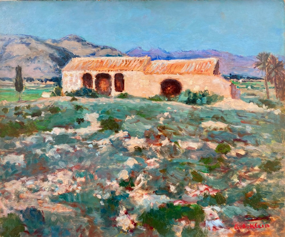 A mid-century oil painting on board depicting a stone farmhouse under a light blue sky with purple mountains in the background and a textured foreground.