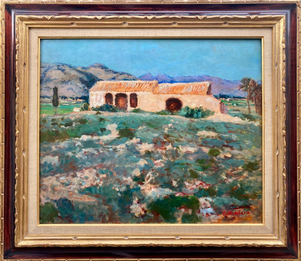 A mid-century oil painting on board depicting a stone farmhouse under a light blue sky with purple mountains in the background and a textured foreground. View II